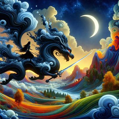 Primary subject: A dragon with a sword in its mouth, flying through the sky.

Setting/background: The dragon is flying over a colorful landscape, with a mountain range in the background.

Visual style: The image is a digital artwork, featuring a vibrant and imaginative scene.

Colors and mood: The colors are bright and lively, creating a sense of excitement and adventure.